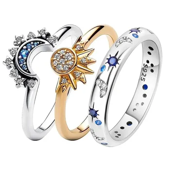2023 Novo Nebesna Modra Peneče Luna Sonce Zvezda Crystal Ring za Ženske Modni Elegantno Stackable Prst Band Stranka Nakit Darila