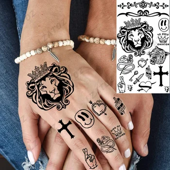 Black Lion Začasne Tetovaže Za Moškega, Žensko Roko Križ Emji Kača Ponaredek Tatoo Trobenta Body Art Stroj Tatoos Prilepite