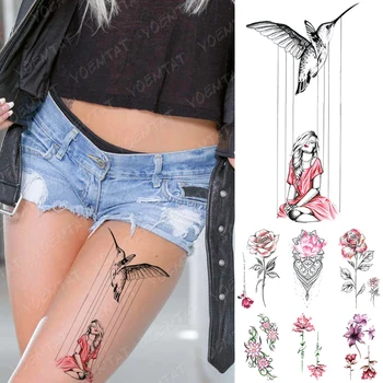 Nepremočljiva Začasni Tattoo Nalepke Dekle Ptic Luna Cvetje Flash Tetovaže Cvetov Rose Lotus Body Art Roko Ponaredek Rokav Tattoo Ženske