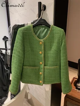 Tkane Svetle Linije Roba Tweed Plašč 2023 Jeseni Nova Moda Barva Zelena Posebna Suknjič Delo Elegantne Ženske Coats
